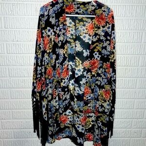 ASOS Dark Floral Kimono With Fringe Trim